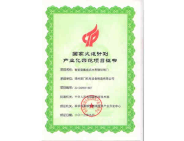國家火炬計劃產業(yè)化示范項目證書